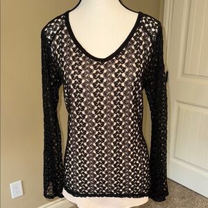 Design Lab Lord & Taylor Black Lace Blouse with Gold Lining